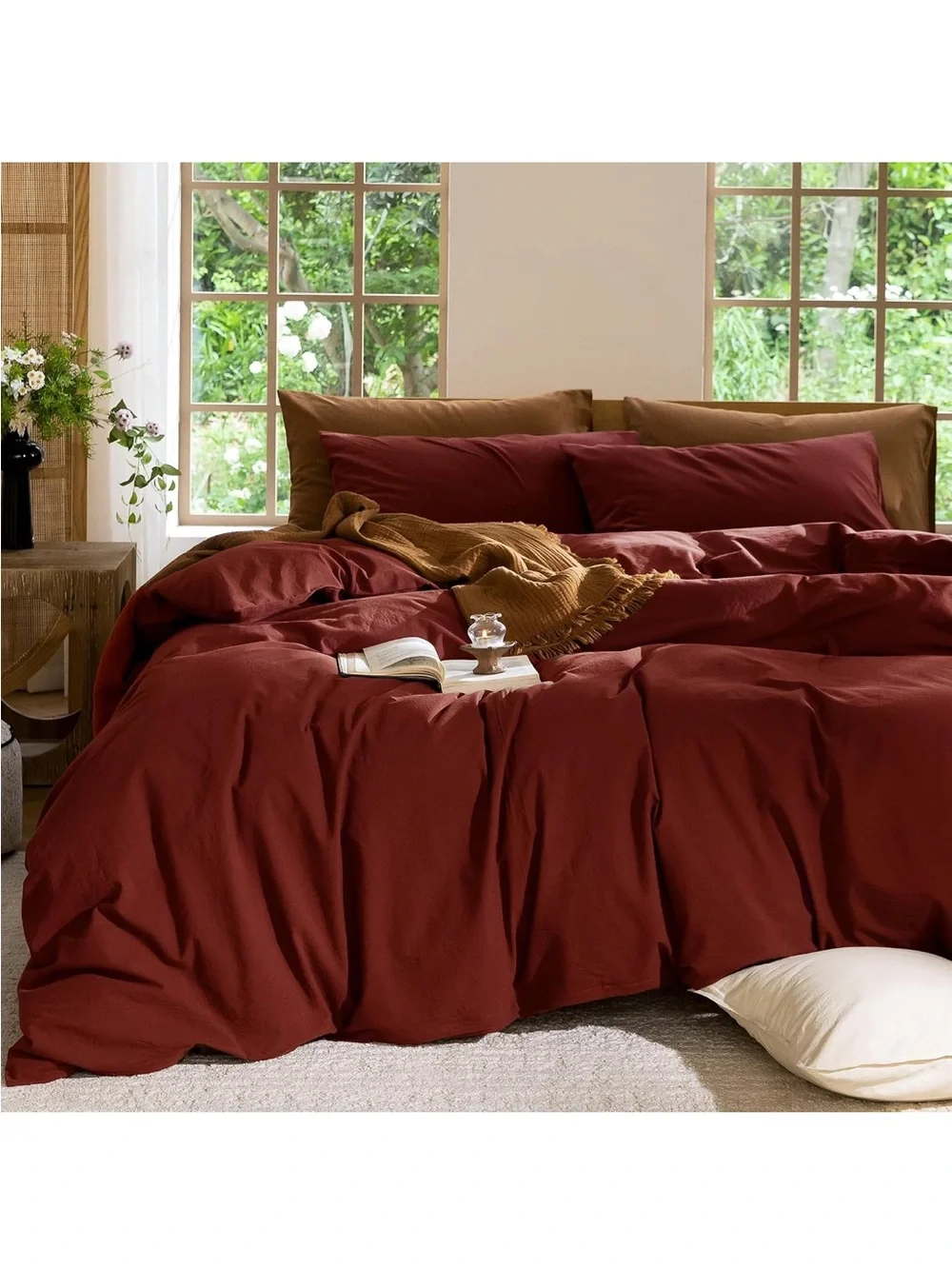 NEW MooMee 100% Washed Cotton Duvet Cover Set. Linen Like Texture, Rusty red